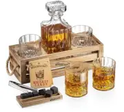 Whiskey Decanter with Glasses Set and Wood Stand With 6 Granite Chilling Stones