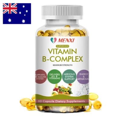 60Pcs Vitamin B Complex,Vitamins B1,B2,B3,B5,B6,B8,B12,Energy, Metabolism Aid