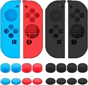 Protective Case for Nintendo Switch Joy-Con Controller with Thumb Caps, SENHAI 2 Pack Anti-slip Silicone Grips Covers with 16 Thumb Stick Pads - Black, Blue + Red