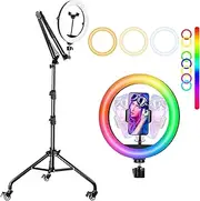 SYAMEET Movable Ring Light with Rolling Tripod Stand, RGB Color Effects, Adjustable Angle, Mobile Phone Holder, USB Powered, Ideal for TikTok, YouTube, Vlogging, and Photography.