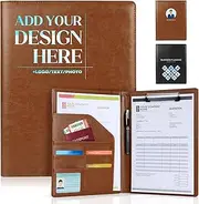 Personalized Padfolio PU Leather Customized Portfolio with Logo/Text/Image Professional Padfolio for Business, Office, Resumes, Interviews, Idea Gift, Brown