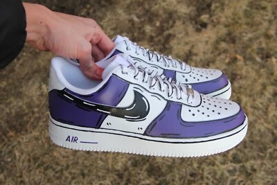 Mens & Womens Custom Purple Cartoon Air Force 1s – Hand-Painted Pop Art Style