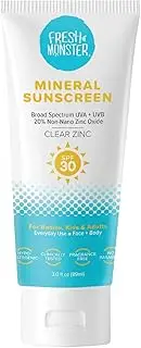 Fresh Monster Daily Kids & Adults Sunscreen, SPF 30, Broad Spectrum UVA/UVB, Clear Non-Nano Zinc Oxide Mineral Sunscreen, Reef Safe, Hypoallergenic