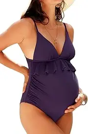 [CUPSHE] Women's One Piece Swimsuit Maternity V Neck Ruffle Pregnancy Bathing Suit Back Self Tie Spaghetti Strap