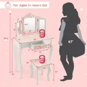 Kids Vanity Set with Tri-fold Mirror, Drawer & Stool - Pink Zebra Pattern