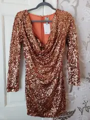 Asos Copper Metallic Sequin Encrusted Drape Neck Stretch Mini Dress 2 Sleeve