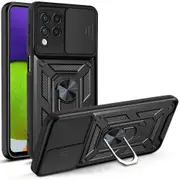 case For Samsung Galaxy A22 4G Slide Camera Lens Protection and Built in 360 Rotatable Ring Holder - Black
