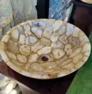 Round Agate Stone Washbasin Undermount Sink Handcrafted Gemstone Bathroom Deco
