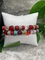 2 PC Handmade Bohemian Beaded Stackable 7” Plus Stretch Bracelet Set New B1680