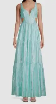 $331 Aidan Mattox Women's Blue Metallic Cutout Sleeveless Maxi Dress Size 12