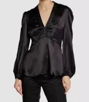 $1299 Etro Women Black Passementerie-Trim Satin Balloon-Sleeve Blouse IT 42 US 8