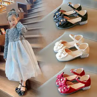 兒童小皮鞋2022年春夏季新款女童洋氣蝴蝶結水晶鞋高跟鞋演出鞋潮