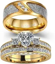 [WRS WEDDING RING SET] Couple Ring Bridal Set His And Hers Women 10k Yellow Gold Filled Square CZ Men Stainless Steel Band Wedding Ring Band Set, women's size 6 & men's size 10, Paper, Cubic Zirconia