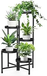 QQAPPU 5 Tier Metal Plant Stand for Indoor Outdoor, Foldable Corner Tall Plant Shelf, Rustproof Flower Pot Holder Display Stand for Living Room Balcony Garden Patio (Black)