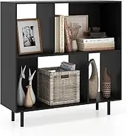 Giantex Open Shelf Bookcase, Mid Century Modern Minimalist Cube Bookshelf with 4 Compartments, Freestanding Book Storage Organizer Display Rack for Living Room, Bedroom (Black)