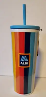 ALDI Gear 2023 Tumbler w Straw 24 oz Rainbow Striped Stainless Steel NWT
