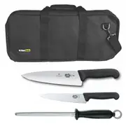 4pc Chef Starter Knife Set Black Bag & Victorinox 15cm Cook & 20cm Knives & Steel