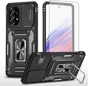 [Asuwish] Phone Case for Samsung Galaxy A73 5G with Tempered Glass Screen Protector and Slide Camera Cover Magnetic Ring Holder Kickstand Cell Accessories Protective A 73 S73 73A G5 Women Men Black