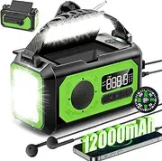 12000 mAh Crank Radio with Mobile Phone Charging Function, Solar Radio with 2 Solar Panels, AM/FM Portable Emergency Radio with Headphone Jack/Reading Light/LED Torch/Compass/SOS Alarm for Camping