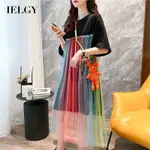 IELGY 韓版女中長款彩虹網紗拼接短袖洋裝連衣裙