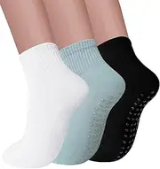 [Elapse Space] 3 Pairs Pilates Socks with Grips for Women Non Slip Yoga Crew Socks for Women, 3 Pairs-white/Black/Light Blue, One Size