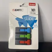 Emtec Slide 16GB USB 2.0 3-Pack Flash Drives Thumb Drive Laptop PC NEW