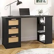 ALFORDSON Office Computer Desk with Rattan Decor Drawers Black Color, Gaming Table for Home Work with Open Shelves, Ergonomic Study Desktop Workstation for Writing Drawing PC Laptop
