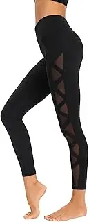 [Generic] Women's Mesh Leggings Yoga Pants with Pocket, Non See-Through Capri High Waisted Tummy Control 4 Way Stretch