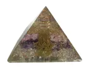 Rose Quartz, Amethyst, Clear Quartz Orgonite Pyramid - Hamsa Hand