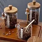 Glass Jars with Wood Lid and Spoon Food Storage Container Spice Coffee Storage