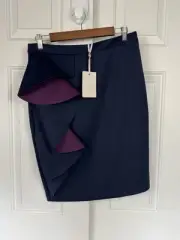 TED BAKER - Dark Navy Purple Oversized Ruffle Pencil Skirt Size 3 New With Tags