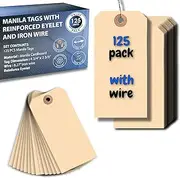 Easytwelve - 125 Pcs Hang Tags Labels with Reinforced Eyelet with Wire, Cardstock tag for Labeling, Equipment Labels, Organizing Tags, Inventory Wire Tags Write on 4 3/4 x 2 3/8 inch (with Wire)