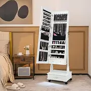 [Costway] Jewelry Armoire with Full Length Mirror, Standing Lockable Jewelry Cabinet with Built-in LED Lights, Universal Wheels with Brakes, 3 Adjustable Tilt Angles and Large Storage Capacity