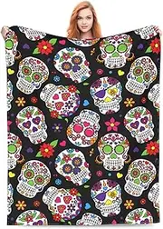 BLUBLU Day of The Dead Sugar Skull Flannel Fleece Bed Blanket Throw Blanket Lightweight Cozy Plush Blanket for Bedroom Living Rooms Sofa Couch 60"x50"