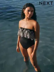 Black/Ecru Bandeau Embriodered Frill Tummy Shaping Control Swimsuit (AJ4608) | $111