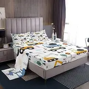Feelyou Dino Construction Bed Sheets Set Queen Size, Cartoon Car Kids Sheet Set Kids Toddler Equipment Trucks Sheets with Deep Pocket Fitted Sheet Excavator Tractor Bedding Set Microfiber Bed Set