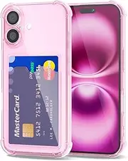 Svanove for iPhone 16 Plus Wallet Case with Card Holder, Cute Girly Clear Credit Card Slot Case, Thin Slim Silicone Rubber Transparent Hard Shell Camera Cover for Women Men, Light Pink