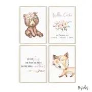 Baby Girl Boho Woodland Nursery Prints, set of 4. Personalised Print, Bear, Fox