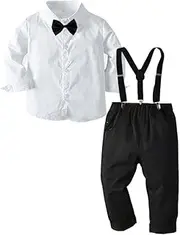 [Billion Xin] Toddler Boys Gentleman Outfits Suits, Baby Tuxedo Long Sleeve Shirt Party Clothes Set+ Suspender Pants +Bow Tie