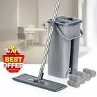 Hands-Free Flat Mop & Bucket Set - Washable Microfiber Pads - Hardwood Cleaner