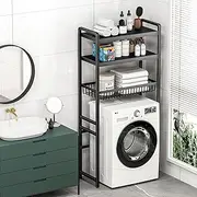Over Washing Machine Storage Rack, Over The Washer and Dryer Storage Shelf with Baskets, Multi Functional Floorstanding Bathroom Storage Shelf Organizer for Laundry Room (BLACK, 3 Tier)