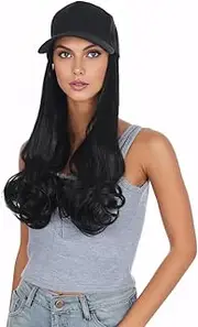 Baseball Cap with Hair Extensions Women's Adjustable Cap with Synthetic Wavy Wig, Long Wavy Hair (Black, One Size)