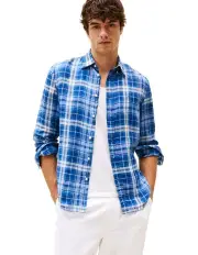 [Tommy Hilfiger] Regular Fit Check Pure Linen Shirt in Blue