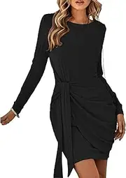 [BKEPDY] Women's Long Sleeve Bodycon Dress Elegant Sleeveless Round Neck Knee-Length Dresses Casual Plain Bodycon Drawstring Midi Dresses