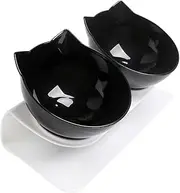 Double Elevated Cat Bowls with Raised Stand, 15° Tilted Cat Bowl Design Neck Guard Stand Raised Pet Food Water Feeder Bowl for Indoor Cats and Small Dogs (Black+Black)