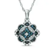 0.25 CT. T.W. Enhanced Blue and White Natural Diamond Antique Vintage-Style Clover Pendant in Sterling Silver