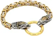 [BOSUGE] Charming Bracelet， King Chain Wolf Head Viking Bracelet for Men,Norse Mythology Odin Fenrir Stainless Steel Link Bracelet, Vintage Weave Animal Amulet Wristband Pagan Jewelry Gift (Color : Gold, Size