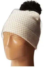 Betsey Johnson White Cream Beanie Cap Black Net Veil Fishnet Hat Adult OSFM