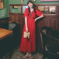 在飛比找蝦皮商城優惠-民族風洋裝 度假連身裙 女裝 民族風刺繡松緊腰復古度假紅色連