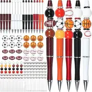 16Pcs Sports Bead Pens, Bulk DIY Beadable Pens Making Kit, Plastic Assorted ball Beads Crystal Spacer Wood Ballpoint Pen with Black Refills Pen Bag for Kids Student School Office Gifts